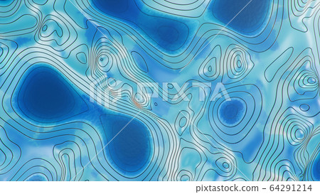 Topographic 3D map with water. Contour lines on a topographic map. Studying the geography of the area: hills, mountains and plains. Cartography concept, mountain hiking, 3d illustration Topographic 3D map with water. Contour lines on a topographic map. Studying the geography of the area: hills, mountains and plains. Cartography concept, mountain hiking, 3d illustration 64291214