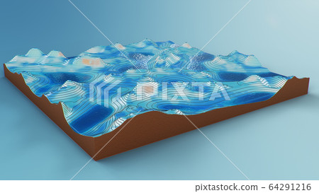 Cross section topographic 3D map with water. Contour lines on a topographic map. Studying the geography of the area: hills, mountains and plains. Cartography map on blue background, 3d illustration Cross section topographic 3D map with water. Contour lines on a topographic map. Studying the geography of the area: hills, mountains and plains. Cartography map on blue background, 3d illustration 64291216