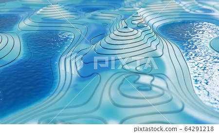Topographic 3D map with water. Contour lines on a topographic map. Studying the geography of the area: hills, mountains and plains. Cartography concept, mountain hiking, 3d illustration 64291218