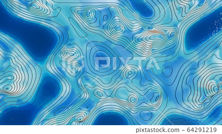Topographic 3D map with water. Contour lines on a topographic map. Studying the geography of the area: hills, mountains and plains. Cartography concept, mountain hiking, 3d illustration 64291219