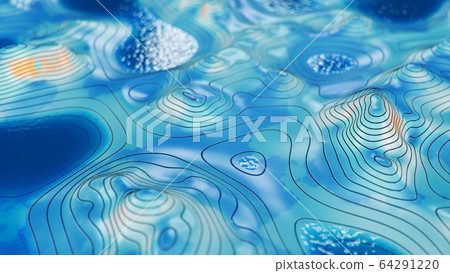 Topographic 3D map with water. Contour lines on a topographic map. Studying the geography of the area: hills, mountains and plains. Cartography concept, mountain hiking, 3d illustration Topographic 3D map with water. Contour lines on a topographic map. Studying the geography of the area: hills, mountains and plains. Cartography concept, mountain hiking, 3d illustration 64291220