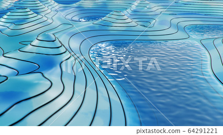 Topographic 3D map with water. Contour lines on a topographic map. Studying the geography of the area: hills, mountains and plains. Cartography concept, mountain hiking, 3d illustration Topographic 3D map with water. Contour lines on a topographic map. Studying the geography of the area: hills, mountains and plains. Cartography concept, mountain hiking, 3d illustration 64291221
