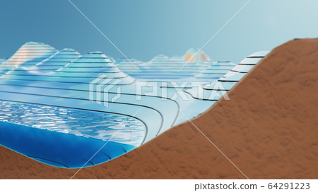 Topographic 3D map with water. Contour lines on a topographic map. Studying the geography of the area: hills, mountains and plains. Cartography concept, mountain hiking, 3d illustration Topographic 3D map with water. Contour lines on a topographic map. Studying the geography of the area: hills, mountains and plains. Cartography concept, mountain hiking, 3d illustration 64291223