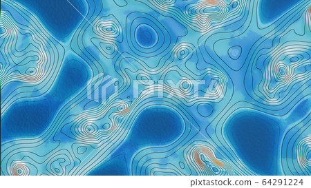 Topographic 3D map with water. Contour lines on a topographic map. Studying the geography of the area: hills, mountains and plains. Cartography concept, mountain hiking, 3d illustration 64291224
