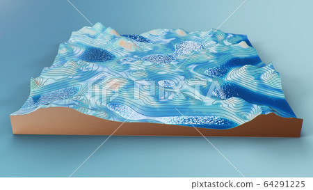 Cross section topographic 3D map with water. Contour lines on a topographic map. Studying the geography of the area: hills, mountains and plains. Cartography map on blue background, 3d illustration 64291225