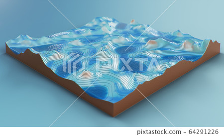 Cross section topographic 3D map with water. Contour lines on a topographic map. Studying the geography of the area: hills, mountains and plains. Cartography map on blue background, 3d illustration Cross section topographic 3D map with water. Contour lines on a topographic map. Studying the geography of the area: hills, mountains and plains. Cartography map on blue background, 3d illustration 64291226