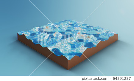 Cross section topographic 3D map with water. Contour lines on a topographic map. Studying the geography of the area: hills, mountains and plains. Cartography map on blue background, 3d illustration Cross section topographic 3D map with water. Contour lines on a topographic map. Studying the geography of the area: hills, mountains and plains. Cartography map on blue background, 3d illustration 64291227