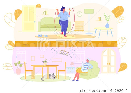 Overweight Girl goes in for Sports in Apartment. 64292041