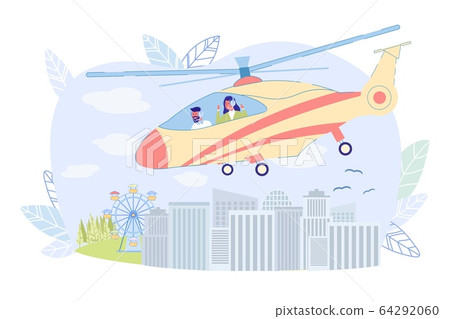 Sightseeing Helicopter Tour Over City, Cartoon. Sightseeing Helicopter Tour Over City, Cartoon. 64292060