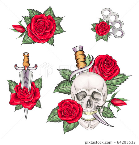 Set of retro tattoos in old school style 64293532