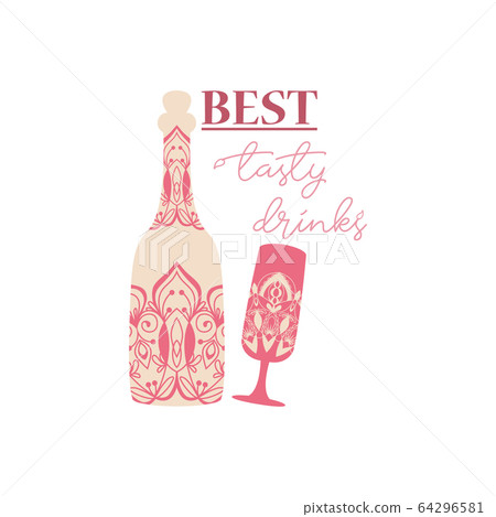 Indian red concept style of bottle and glass for champagne and wine. Vector 64296581