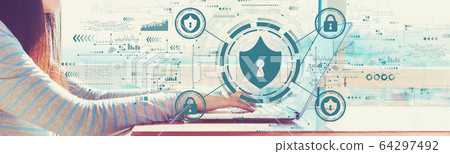 Cyber security theme with woman working on a laptop 64297492