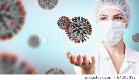 Female doctor presents viral cell coronavirus. Female doctor presents viral cell coronavirus. 64303052