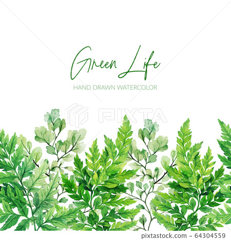 Watercolor green leaves, the ferns seamless border Watercolor green leaves, the ferns seamless border 64304559