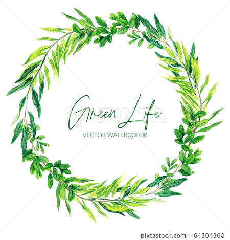 The Green watercolor leaves and branches wreath - Stock Illustration ...