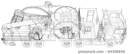 Coiled tubing machine technical wire-frame. EPS10 format. Vector created of 3d 64306698