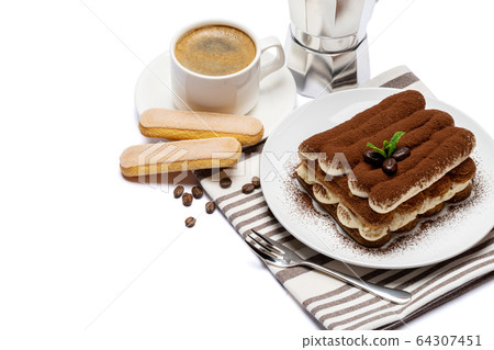 Classic tiramisu dessert on ceramic plate, savoiardi cookies and cup of coffee isolated on white background with clipping path Classic tiramisu dessert on ceramic plate, savoiardi cookies and cup of coffee isolated on white background with clipping path 64307451