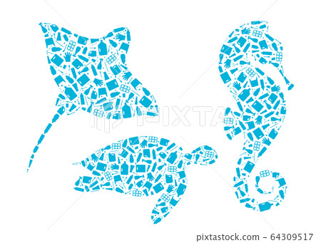 Marine animals, trash planet pollution concept 64309517