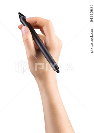 Hand holding digital graphic pen and drawing something isolated on white Hand holding digital graphic pen and drawing something isolated on white 64310683