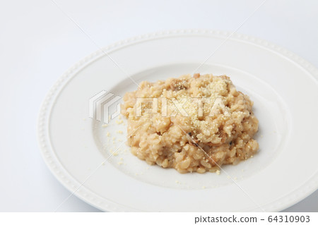 Porcini mushroom risotto rice dish white background 64310903