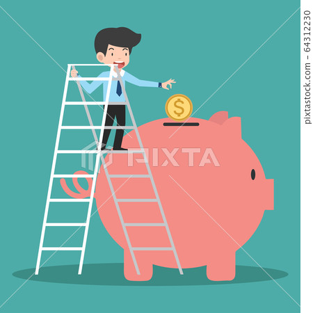 businessman climb up on a ladder and putting coin businessman climb up on a ladder and putting coin 64312230