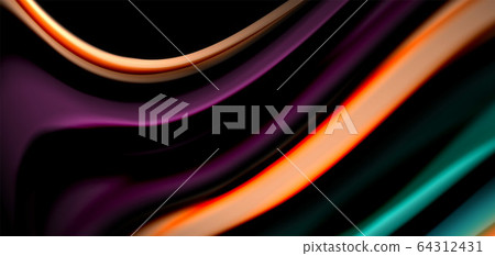 Abstract silk smooth lines on black, multicolored liquid fluid rainbow style waves on black 64312431