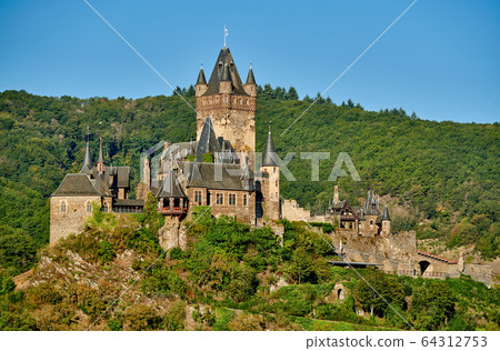 Beautiful Reichsburg castle on a hill in Cochem, Beautiful Reichsburg castle on a hill in Cochem, 64312753