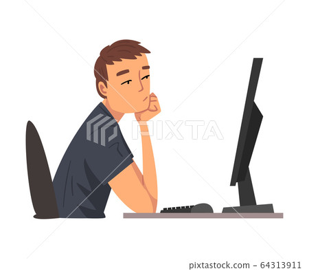 Bored Employee Man Working with Computer, Lazy Clerk Procrastinating at Workplace, Unmotivated or Unproductive Worker Character Vector Illustration 64313911