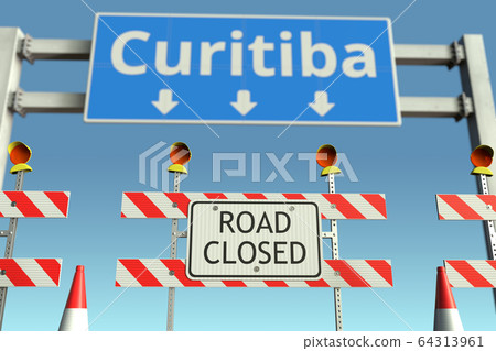 Roadblocks near Curitiba city traffic sign. Lockdown in Brazil conceptual 3D rendering 64313961