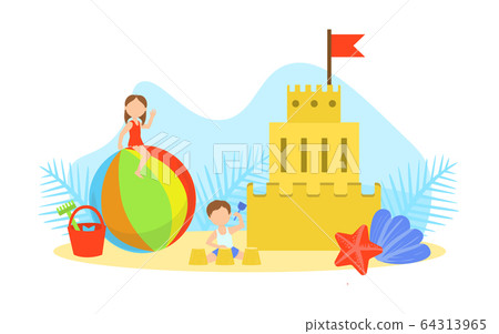 Cute Tiny Kids Making Sand Castle on Sea Beach Vector Illustration 64313965