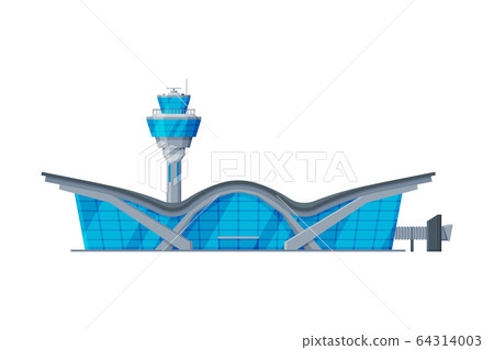Airport Terminal with Control Tower, Air Public Transport Building, Modern Aerodrome or Transport Hub Flat Vector Illustration 64314003