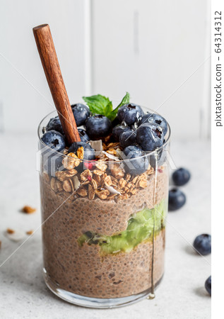 Chocolate chia pudding with fruits, granola  64314312