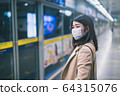 Young asian woman wearing protective face mask stand in line during waiting underground train 64315076