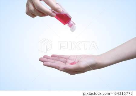 Squeeze Red hand Wash Gel on hands to Cleanup and protect Bacteria.  Hand of woman that applying alcohol gel to make cleaning and clear germ, bacteria, Health care concept. Isolated with Clipping path 64315773