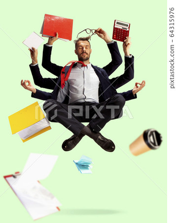 Young caucasian businessman, manager who manages everything, a lot of things and deals Young caucasian businessman, manager who manages everything, a lot of things and deals 64315976