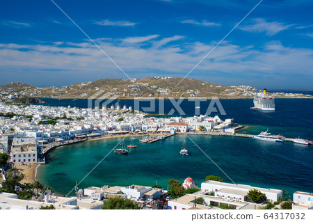 Mykonos island port with boats, Cyclades islands, Greece 64317032