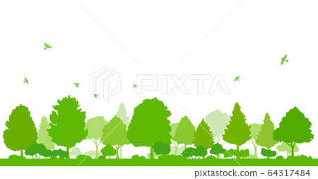 茂密的樹木和會飛的鳥的景觀 64317484