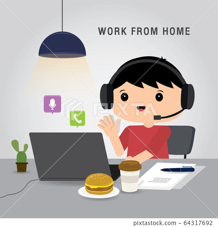 Work from home, Business team using laptop for online meeting in conference video call. People at home in quarantine. Character Cartoon Vector illustration 64317692