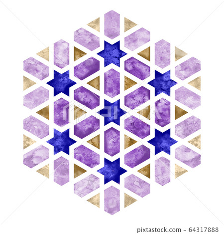 Arabesque watercolour tile element. Hexagonal geometry emblem or sign 64317888