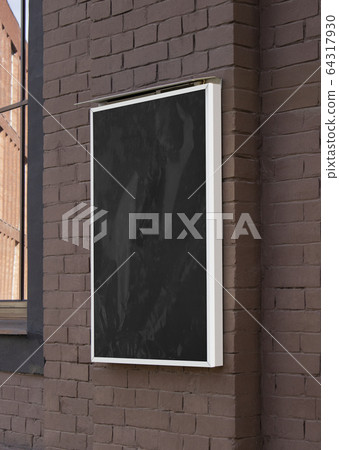 Blank black glass rectangular poster mock up brick wall mounted Blank black glass rectangular poster mock up brick wall mounted 64317930