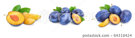 fresh blue plum with leaves isolated on white background. Set or collection fresh blue plum with leaves isolated on white background. Set or collection 64318424