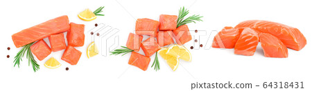 raw salmon piece cube with rosemary and peppercorn isolated on white background close up. Set or collection raw salmon piece cube with rosemary and peppercorn isolated on white background close up. Set or collection 64318431