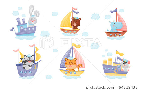 Cartoon Animals in Sailor Hats Boating and Sailing Vector Set 64318433