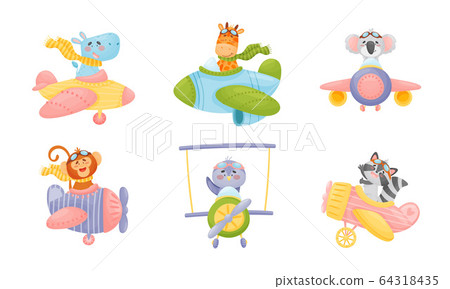 Cute Animals Wearing Aviator Goggles Flying an Airplane with Scarf Fluttering Behind Vector Set 64318435