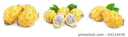 Ripe Dragon fruit, Pitaya or Pitahaya yellow isolated on white background, fruit healthy concept. Set or collection Ripe Dragon fruit, Pitaya or Pitahaya yellow isolated on white background, fruit healthy concept. Set or collection 64318436