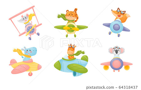 Cute Animals Wearing Aviator Goggles Flying an Airplane with Scarf Fluttering Behind Vector Set 64318437