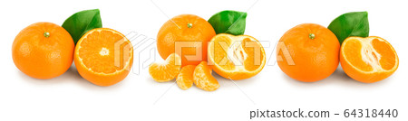 tangerine or mandarin fruit with leaves isolated on white background. Set or collection 64318440