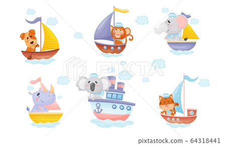 Cartoon Animals in Sailor Hats Boating and Sailing Vector Set Cartoon Animals in Sailor Hats Boating and Sailing Vector Set 64318441