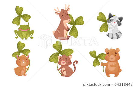 Cartoon Animals with Clover Leaf on Stalk Vector Set Cartoon Animals with Clover Leaf on Stalk Vector Set 64318442