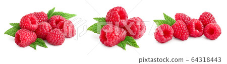 Ripe raspberries with leaf isolated on a white background, Set or collection Ripe raspberries with leaf isolated on a white background, Set or collection 64318443